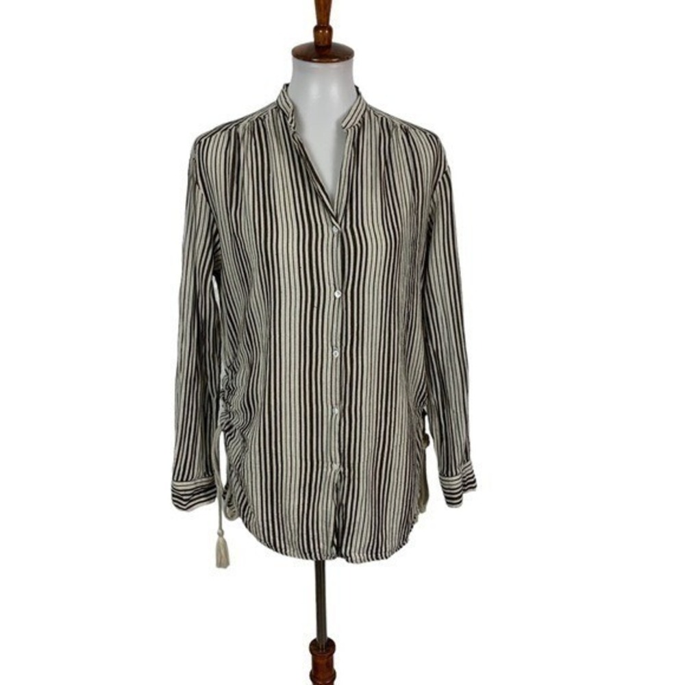 Ellison Striped Button Down Top Small Brown White Long‎ Sleeve